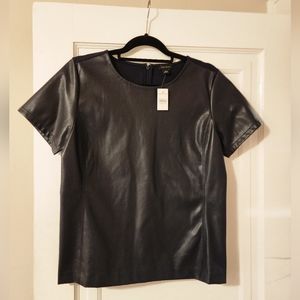 NWT CHIC *leather-look* Ann Taylor sz M NAVY blue top; stretch fabric back
